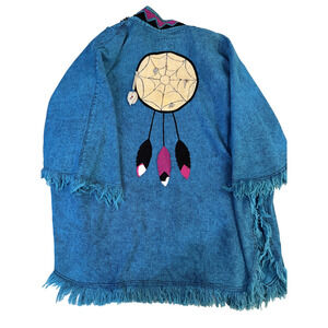 Vintage‎ 90s Aztec Jacket Womens LG Denim Western Fringed Dreamcatcher Poncho